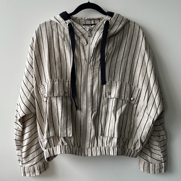 ZARA Striped Linen Bomber Jacket with Hood (lightly worn) - Picture 4 of 9